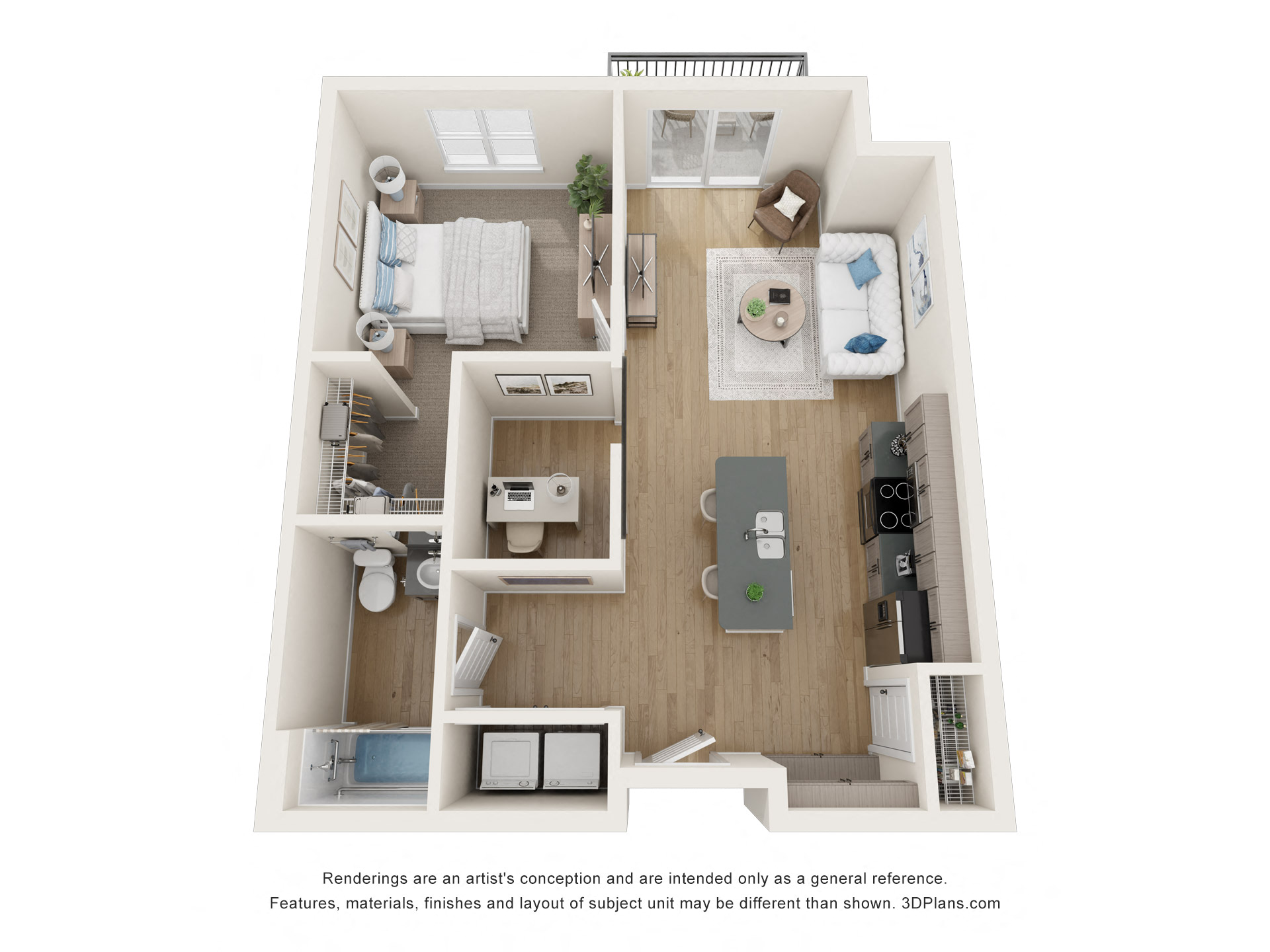 Floor plan for 1 bed, 1 bath, 770 sqft